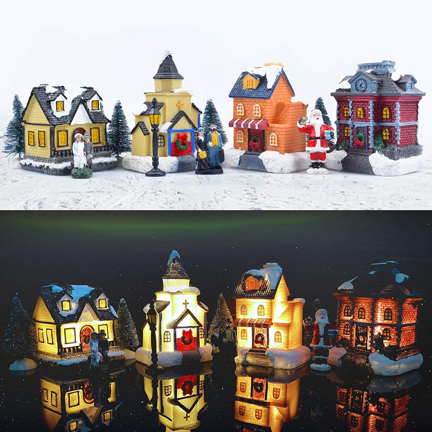 Christmas Village Sets - LED Lighted Christmas Village Houses with Figurines, Christmas Village Collection Indoor Room Decor - Collectible Buildings (12 PCS)