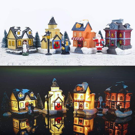 Christmas Village Sets - LED Lighted Christmas Village Houses with Figurines, Christmas Village Collection Indoor Room Decor - Collectible Buildings (12 PCS)