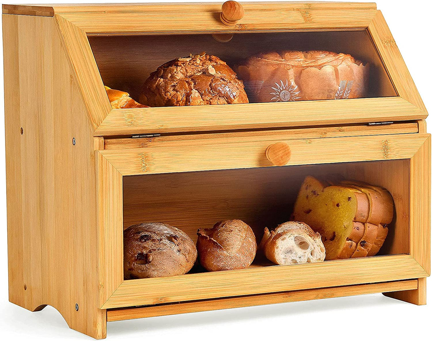 Double Compartment Bread Box - Extra Large Bamboo Bread Box for Kitchen Countertop, with Clear Window, Farmhouse Style Double Layer Bread Storage Bin Holder (Self-Assembly)