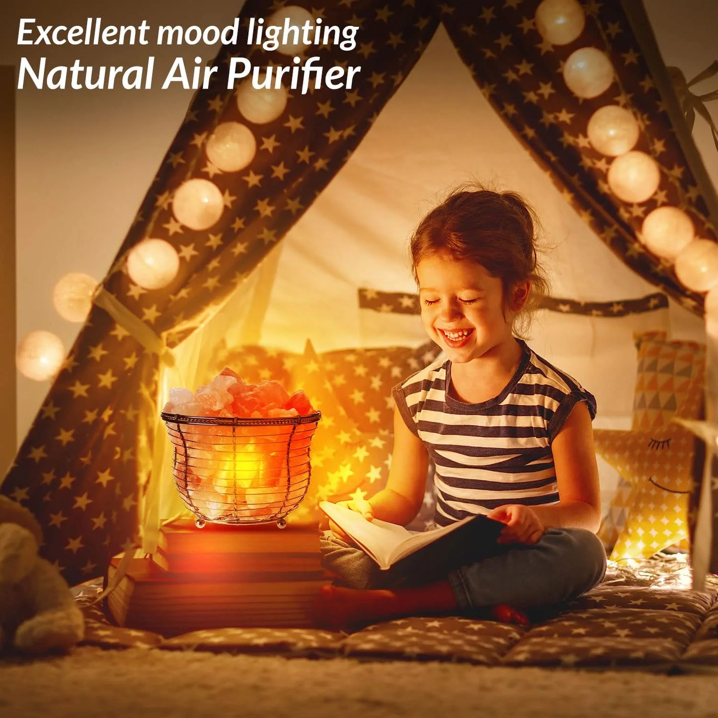 Natural Himalayan Salt Lamp, Tall round Metal Basket Lamp with Dimmer Switch | 8-10 Lbs