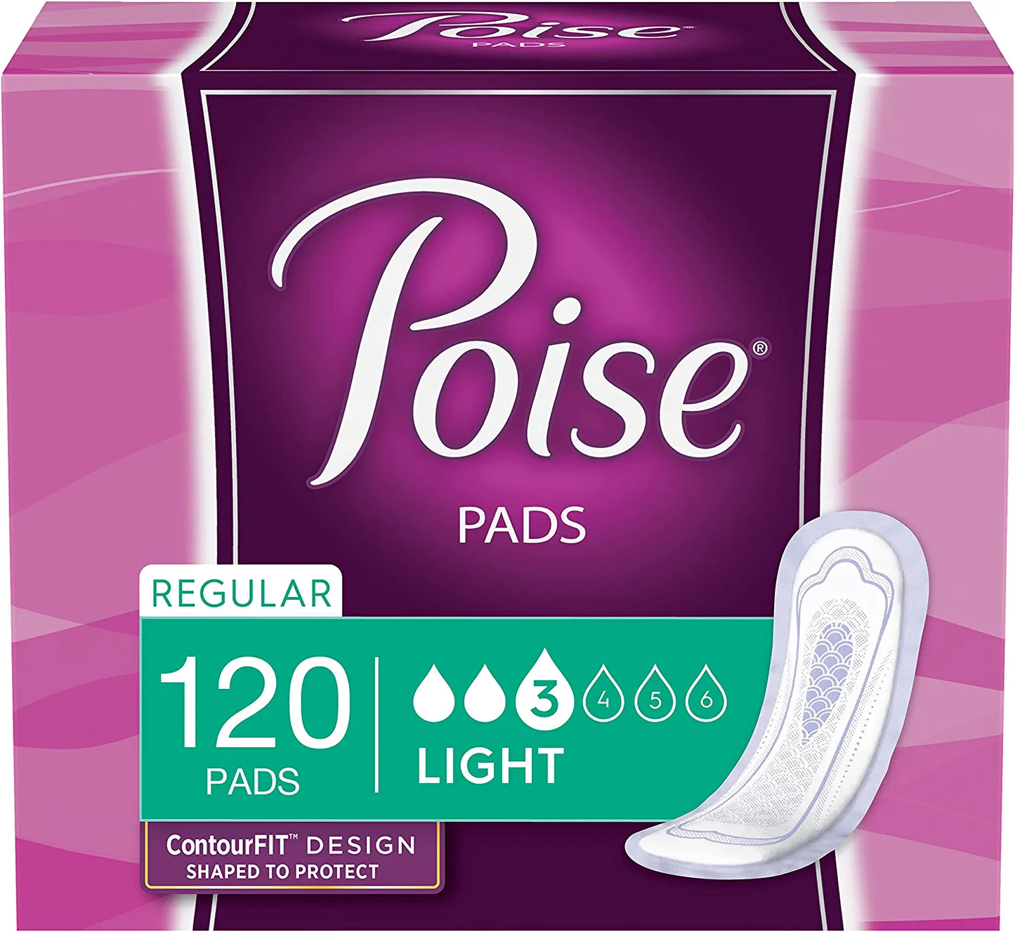 Poise Incontinence Pads, Light Absorbency, Regular Length, 120 Count (4 Packs of 30), Packaging May Vary