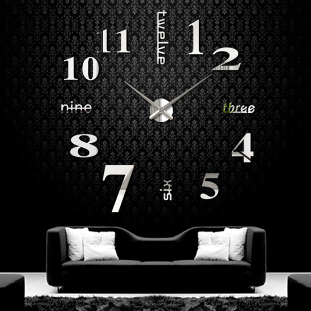 Modern DIY Analog 3D Mirror Surface Large Number Wall Clock Sticker Home Decor