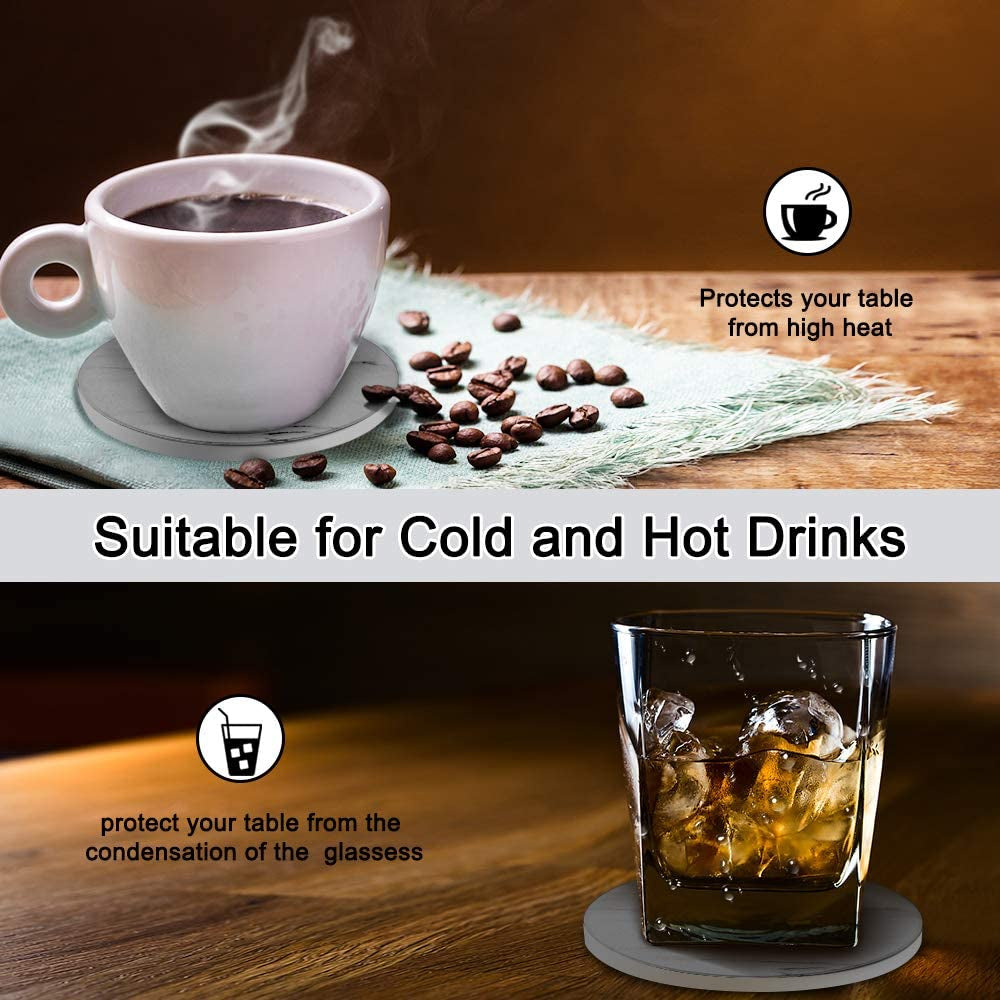 Set of 8 Coasters for Drinks , Absorbent Marble Style Ceramic Drink Coaster with Holder for Coffee Wooden Table Home Decor(Grey)