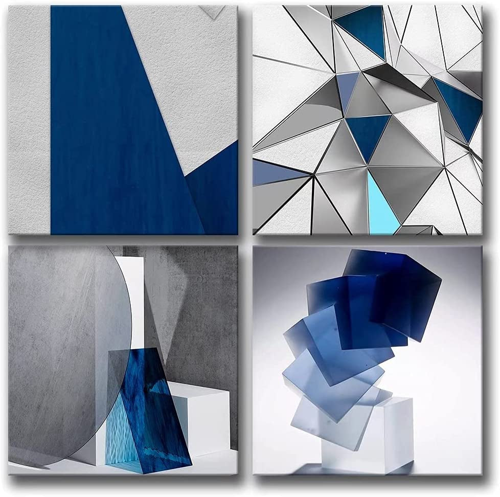 Blue Abstract Wall Art Blue and White for Living Room Decor 12X12 Modern Gray Abstract 3D Geometric Canvas Print Picture Framed Artwork Bathroom Bedroom Home Decor 4 Pieces