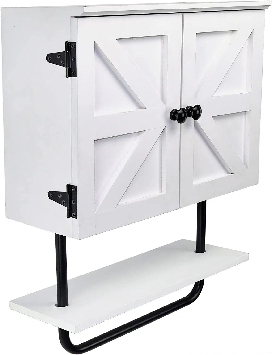 17X21” Barndoor Bathroom Wall Cabinet, Space Saver Storage Cabinet Kitchen Medicine Cabinet with Adjustable Shelf and Towel Bar, White