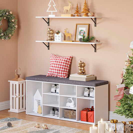 Shoe Storage Bench with Cushion, Cubby Shoe Rack with 12 Cubbies, Adjustable Shelves, Multifunctional Shoe Organizer Bench for Entryway, Mudroom, Hallway, Closet and Garage, White