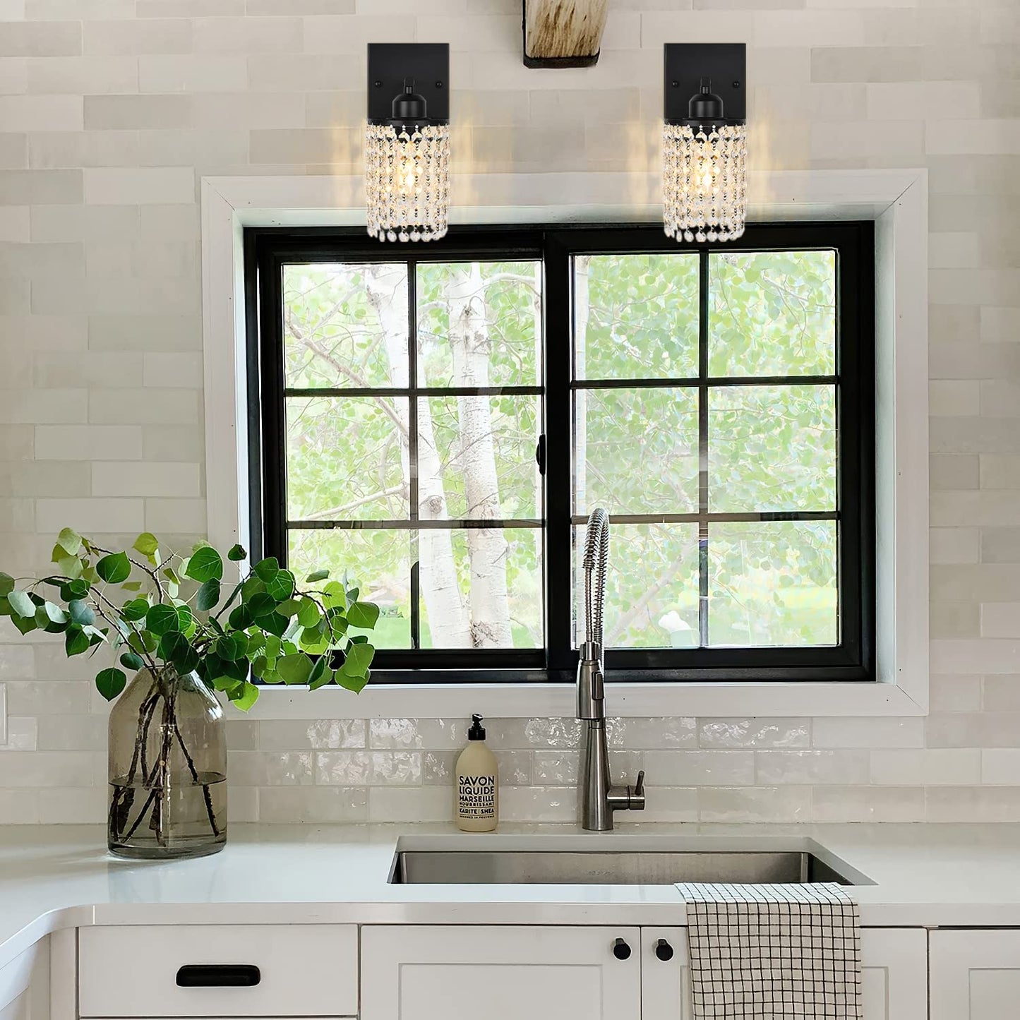 1 Light Bathroom Vanity Lights Fixtures over Mirror - Modern Wall Sconce Lighting Interior K9 Crystal Drop Wall Mount Lamp Matte Black for Kitchen Bedroom Entryway Hallway Living Room