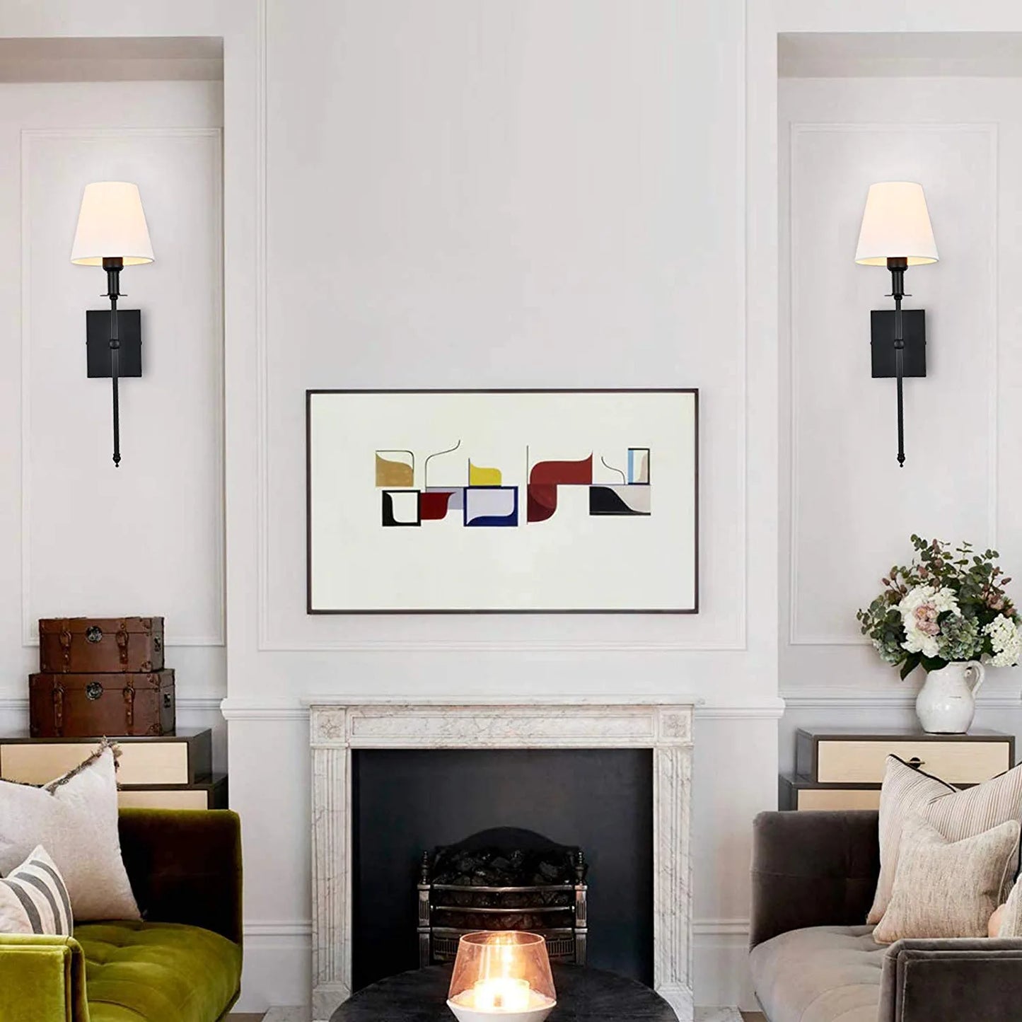 Slim Wall Sconce Set of 2 White Fabric Shades Wall Sconce Hardwired Indoor Wall Light Column Stand Bedroom Wall Lamps Bathroom Vanity Light Fixture, Black