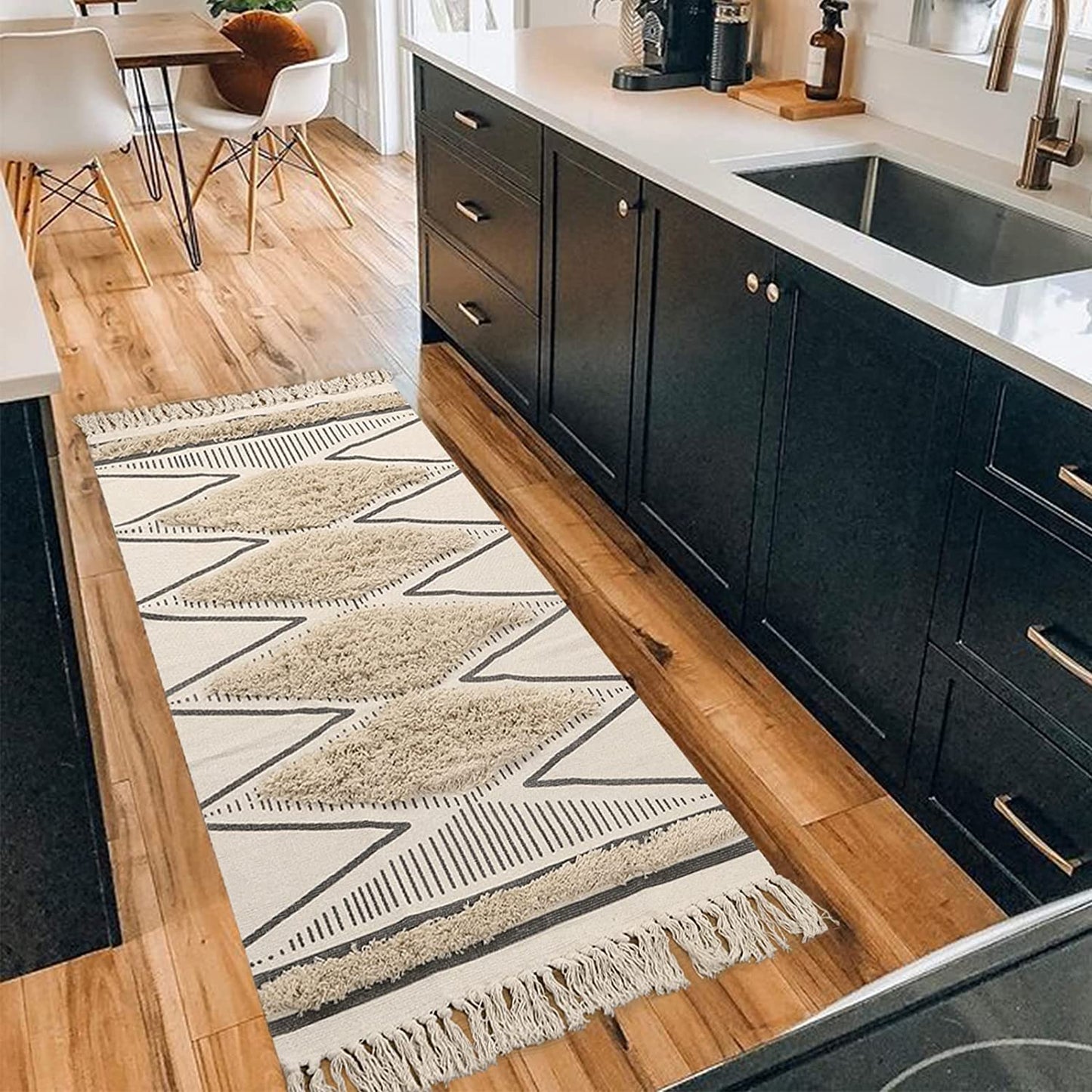 Kitchen Runner Rug 2' X 5', Washable Tufted Cotton Hallway Rugs with Tassels Farmhouse Woven Tribal Geometric Shag Throw Boho Area Rug for Laundry Room/Entryway/Bedroom