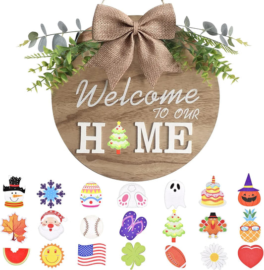 Interchangeable Welcome Home Sign, Seasonal Front Porch Door Decor with 21 Changeable Seasonal Icons for Halloween /Christmas/Independence Day, Rustic Wood Wreaths Wall Hanger for Housewarming Gift (12")