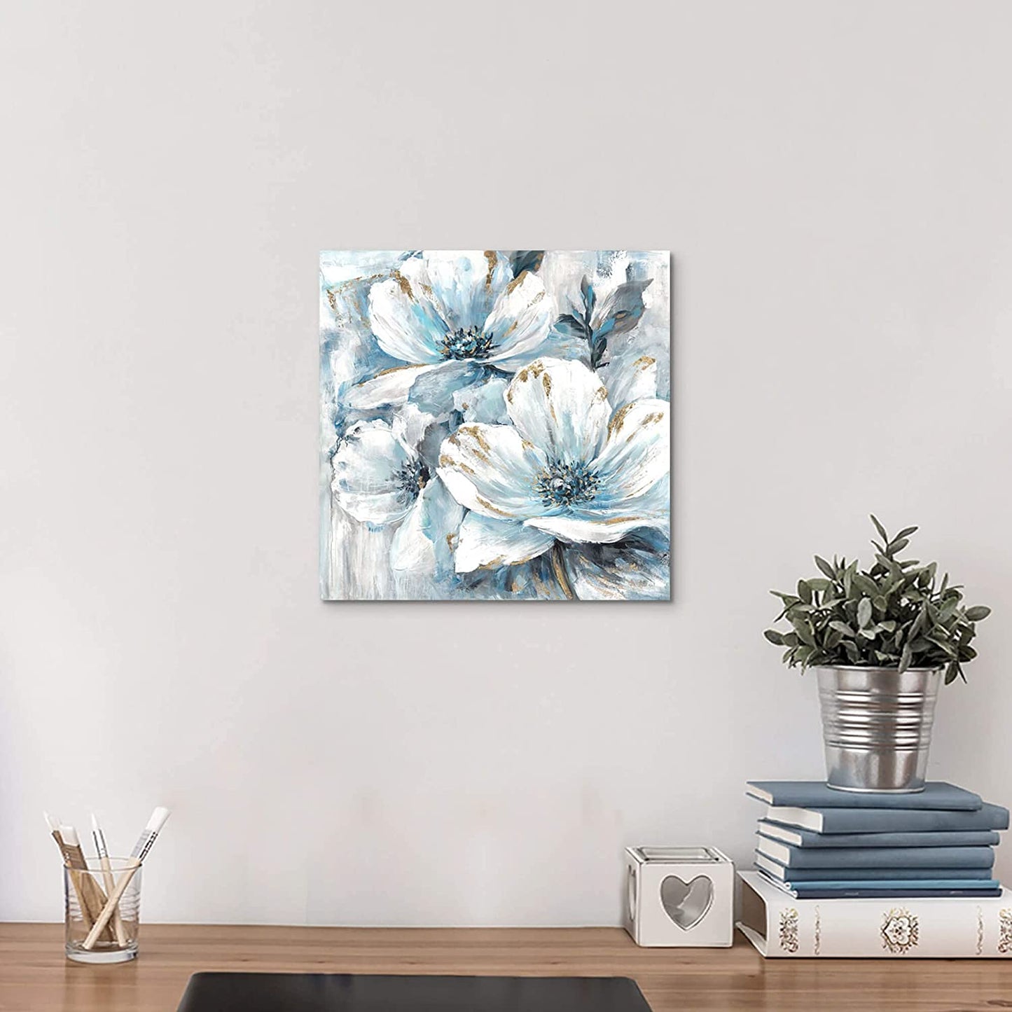 Flower Canvas Wall Art Bedroom: Modern Living Room Bathroom Abstract Blue Lily Floral Painting Simple Botanical Bouquet Picture Giclee Print Minimalist Contemporary Gallery Artwork 12X12