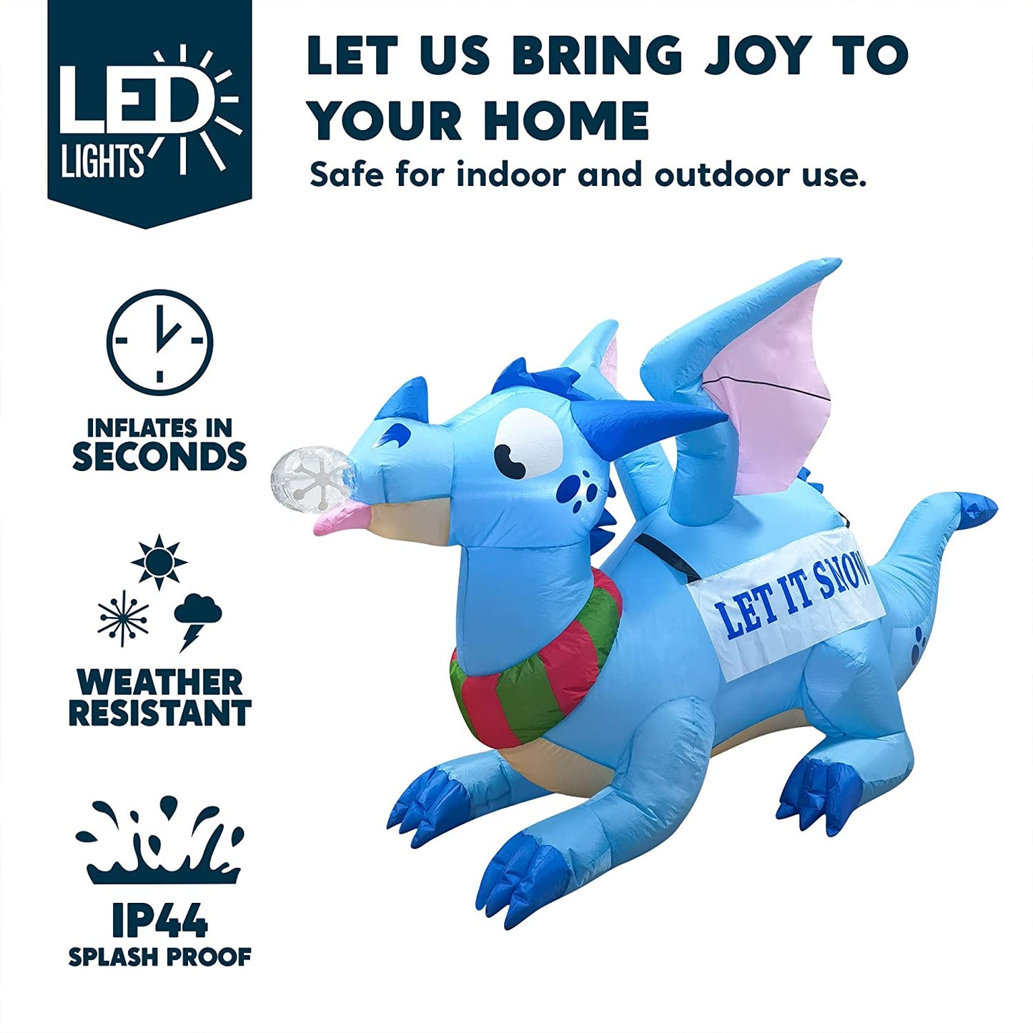 6 FT Long Christmas Inflatable Dragon, Blow up Lighted Inflatables Blue Dragon with Snowflake for Christmas Party Indoor, Outdoor, Yard, Garden, Lawn Winter Decorations