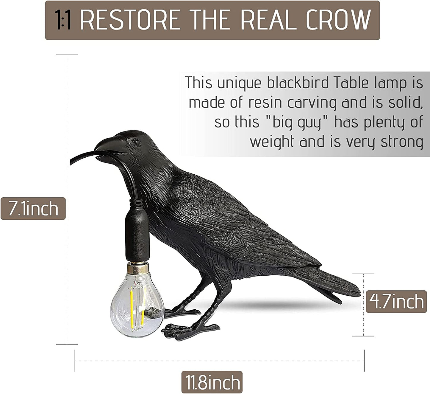Raven Table Lamp - Crow Desk Lamp - Lifelike Resin Raven Light, Birds Table Light for Bedside Bedroom Living Room Decor (Black)-