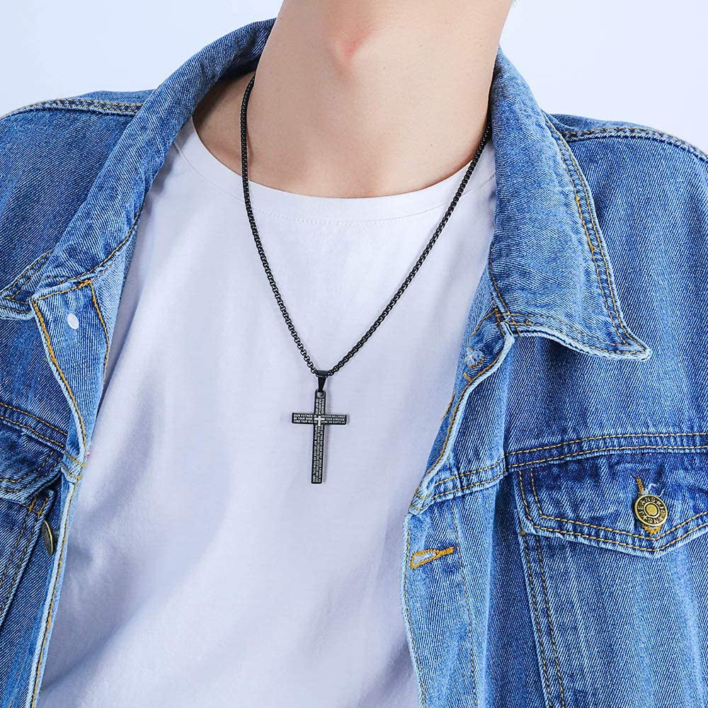 Cross Necklace for Men Cross Pendant STRENGTH Bible Verse Stainless Steel Necklace