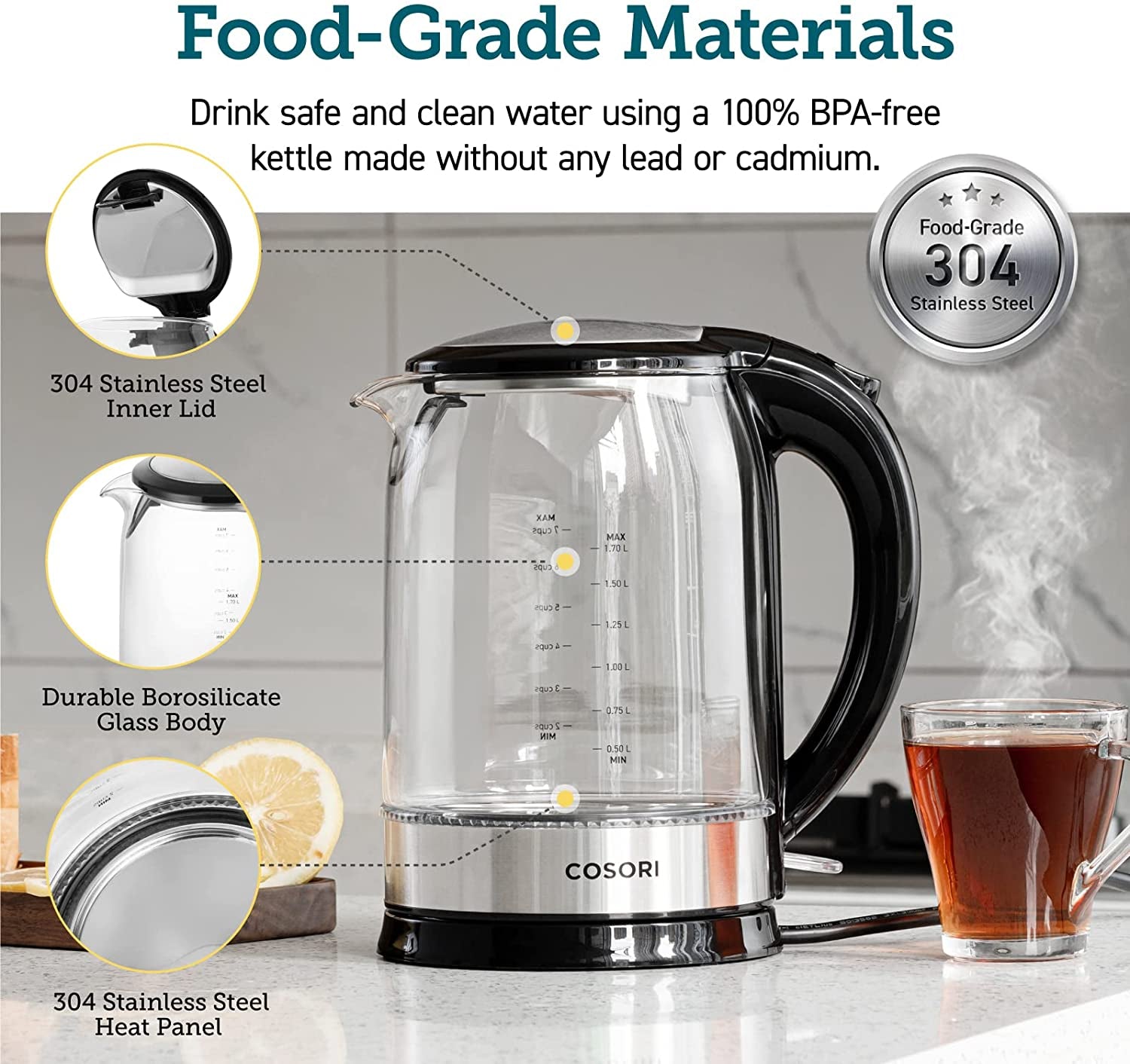 Electric Kettle for Boiling Water, 1500W Wider Mouth 1.7L Glass Electric Tea Kettle & Electric Water Boiler, Stainless Steel Inner Lid, Auto Shut-Off & Boil-Dry Protection, BPA Free, Black