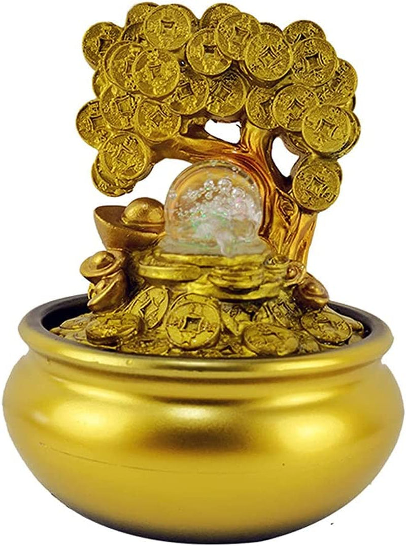 Gold Tree Desktop Fountain Waterfall Decoration with LED Light Portable Tabletop Decorative Zen Meditation Waterfall for Office Living Room Craft Gift