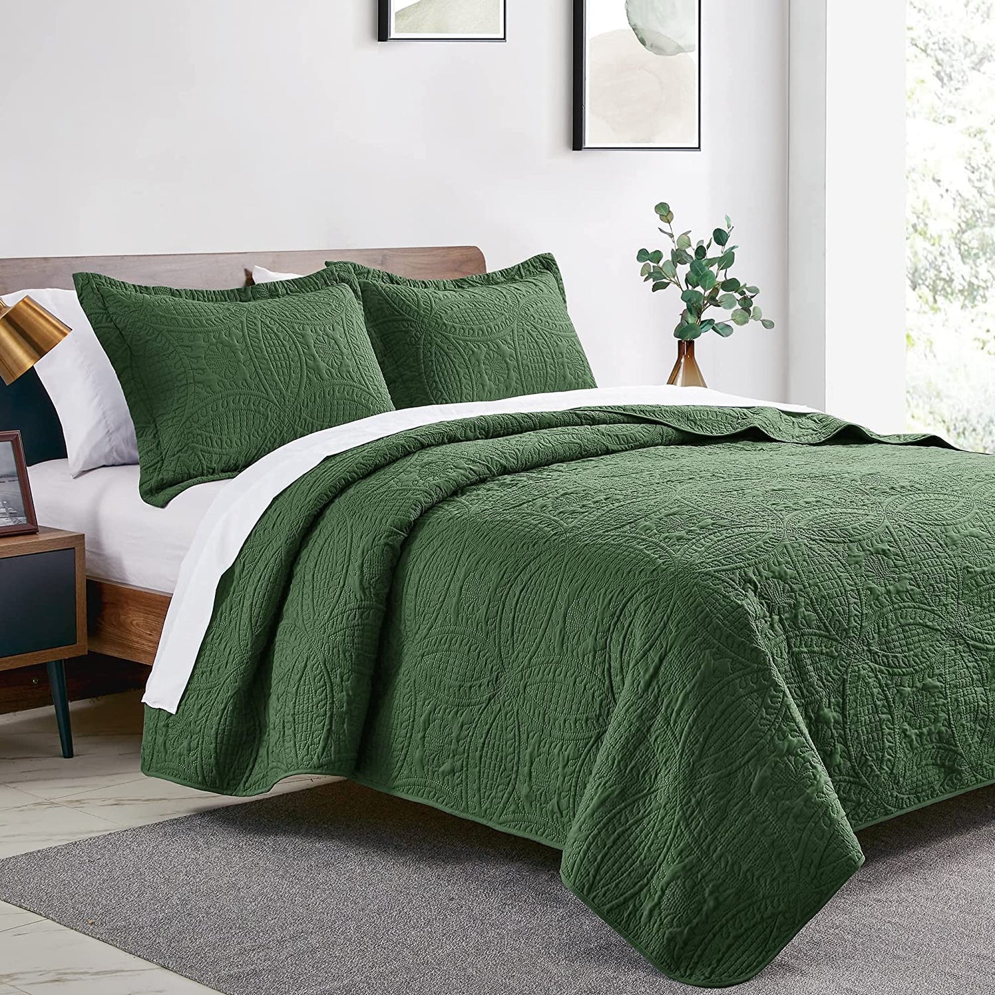 Twin Quilt Set Olive Green Bedspreads - Soft Bed Summer Quilt Lightweight Microfiber Bedspread- Modern Style Coin Pattern Coverlet for All Season - 2 Piece (1 Quilt, 1 Pillow Sham)