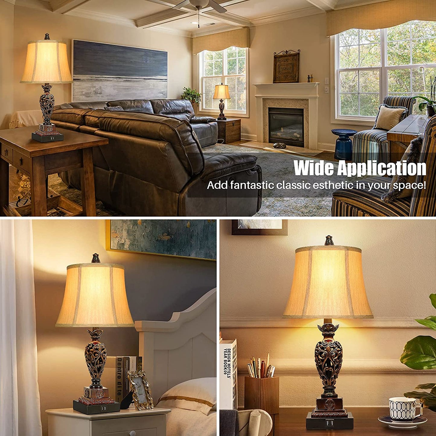 Traditional Touch Table Lamps Set of 2, Vintage Rustic Bedside Nightstand Lamps with 2 USB Ports, Farmhouse Retro Table Lamps for Living Room Bedroom, E26 Bulbs Included