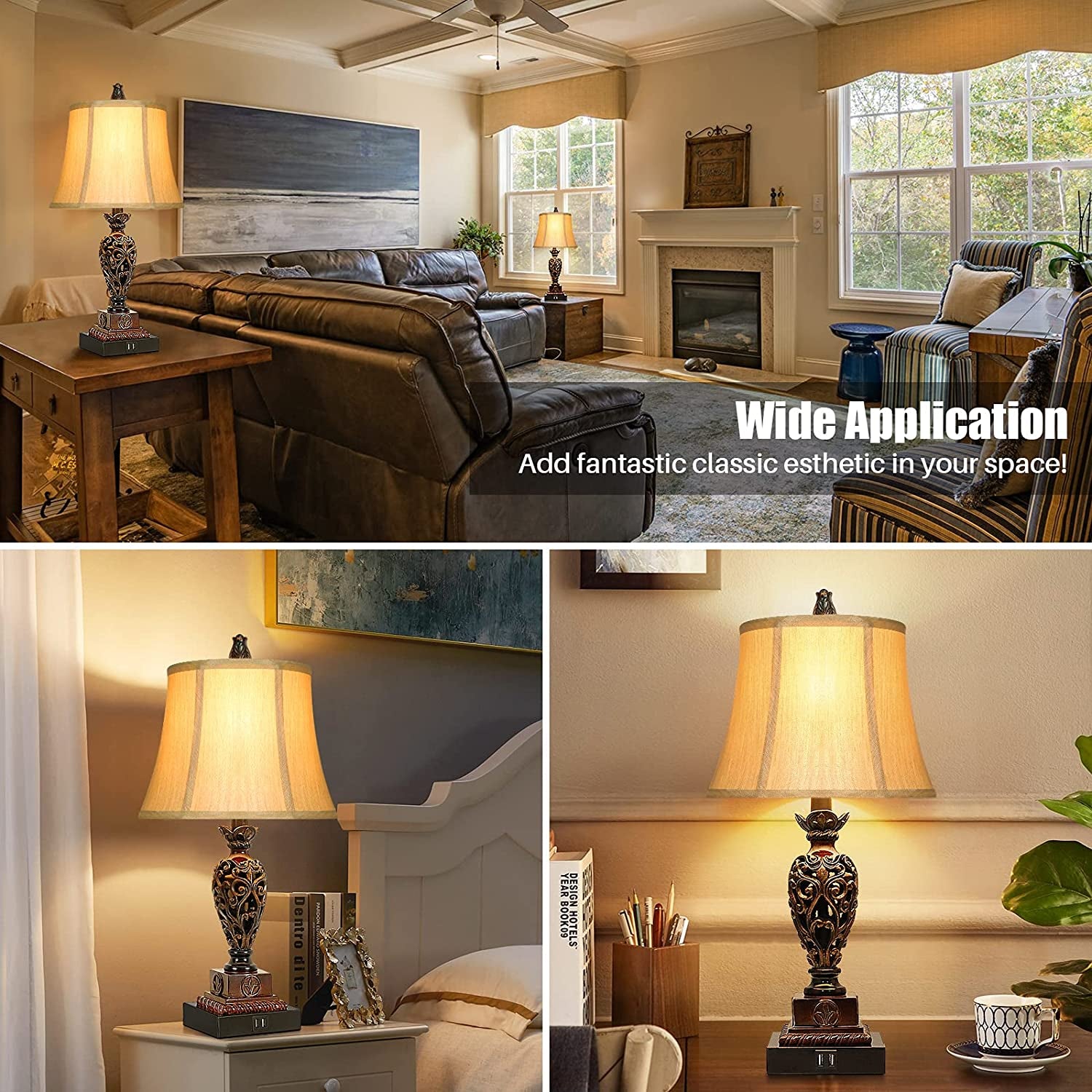 Traditional Touch Table Lamps Set of 2, Vintage Rustic Bedside Nightstand Lamps with 2 USB Ports, Farmhouse Retro Table Lamps for Living Room Bedroom, E26 Bulbs Included