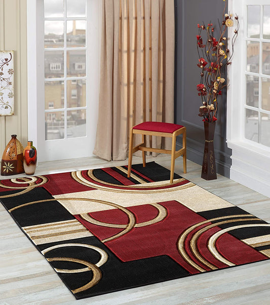 Area Rug Modern 5X7 Dark Red Soft Hand Carved Contemporary Floor Carpet with Premium Fluffy Texture for Indoor Living Dining Room and Bedroom Area.