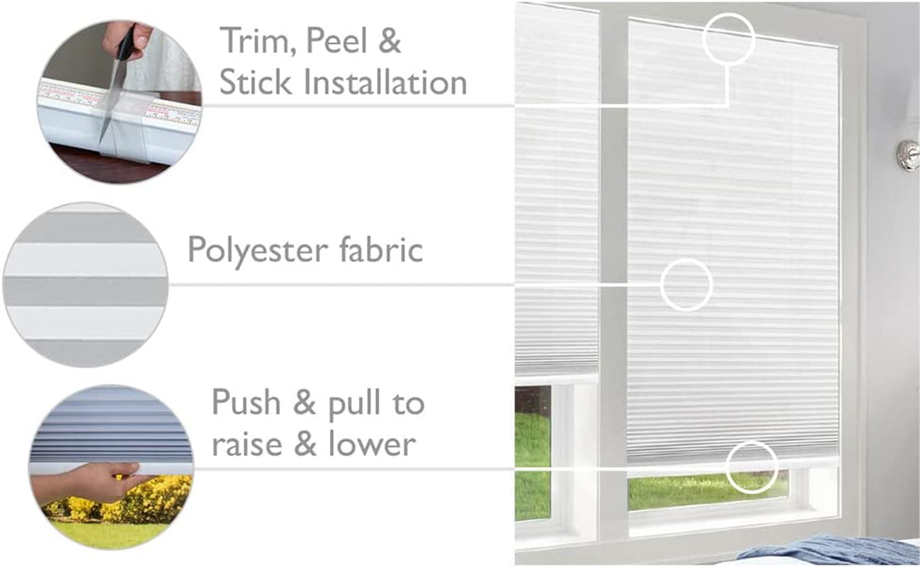 No Tools Easy Lift Trim-At-Home Cordless Pleated Light Blocking Fabric Shade White, 36 in X 64 In, (Fits Windows 19 in - 36 In)