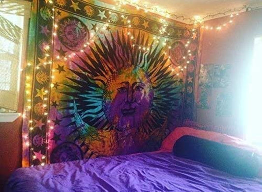 Sun Moon Hippie Tapestry Wall Hanging Aesthetic Indie Wall Tapestry, Hippie Bohemian Decorative Printed Trippy Tapestry for Bedroom Living Room Home Decor (Rainbow 55X82 Inch)