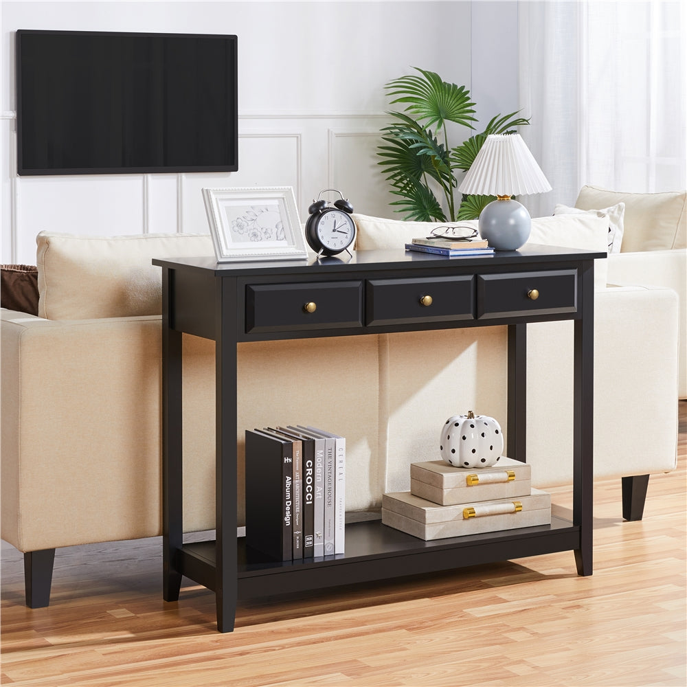 3-Drawer Wooden Console Table Entryway Table with Storage Shelf Pine Wood Legs, Black
