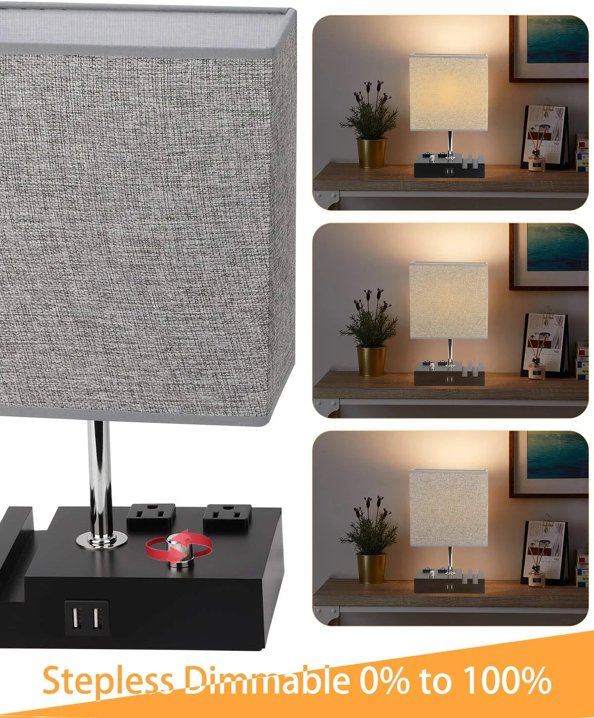 Fully Dimmable Table Lamp for Bedroom Living Room Dual USB Port -  Bedside Desk Lamp for Nightstand with Charging Station 2 Power Outlets, Grey Fabric Lampshade LED Bulb Included (Black/Grey)
