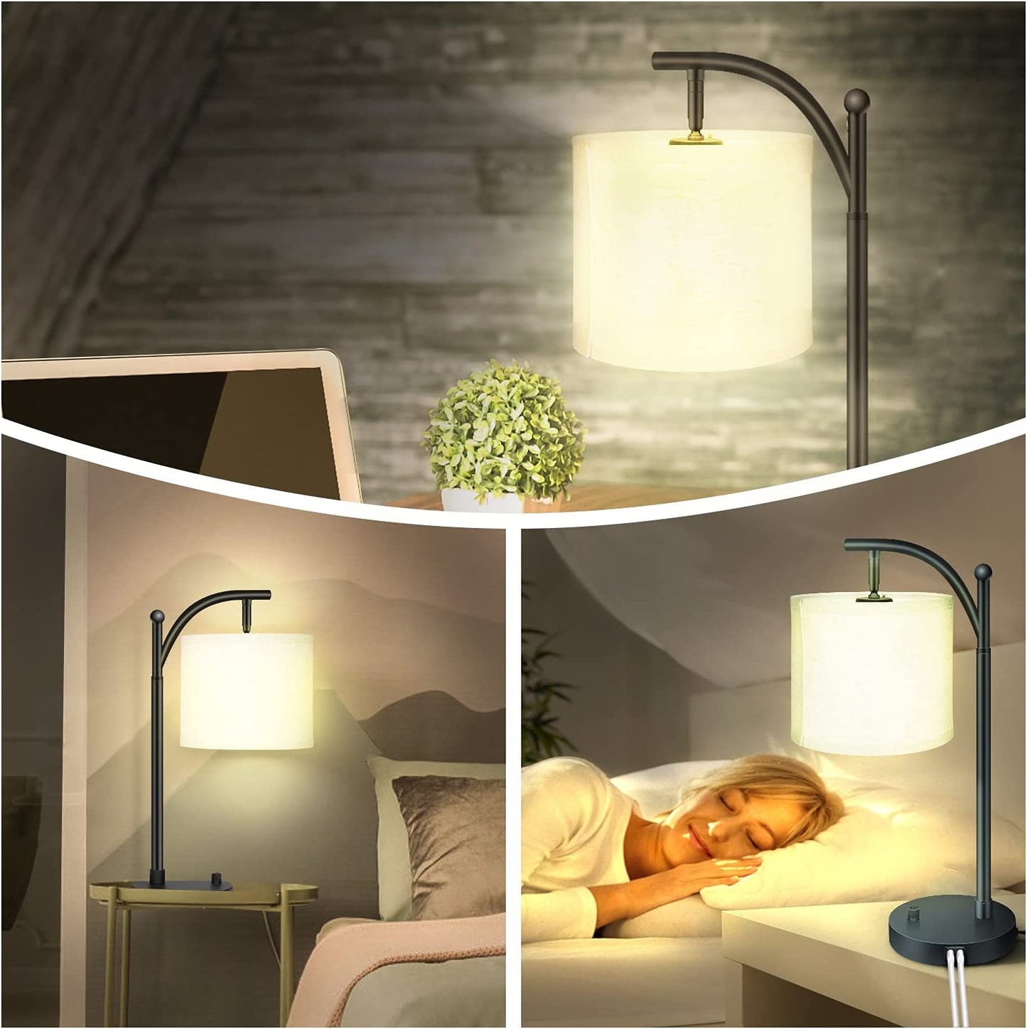 Bedside Lamp with USB Ports(Dual), Stepless Dimmable, Warm Light, Rotary Switch Control,  Eye-Caring Nightstand Lamp, Fabric Lampshade, Bulb Included,Side Table Lamp for Bedroom,Need Installation