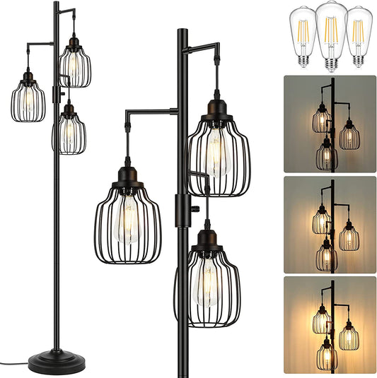 Dimmable Industrial Floor Lamp with 3 LED Edsion Bulbs, Farmhouse Tall Standing Lamp for Living Room, Rustic Black Tree Floor Lamp, Bright Vintage Pole Light with Cage Shades for Bedroom Home Decor