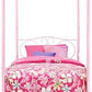 Metal Canopy Kids Platform Bed with Four Poster Design, Scrollwork Headboard and Footboard, Underbed Storage Space, No Box Sring Needed, Twin, Pink