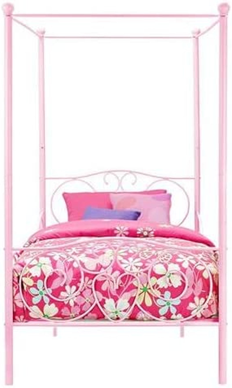 Metal Canopy Kids Platform Bed with Four Poster Design, Scrollwork Headboard and Footboard, Underbed Storage Space, No Box Sring Needed, Twin, Pink
