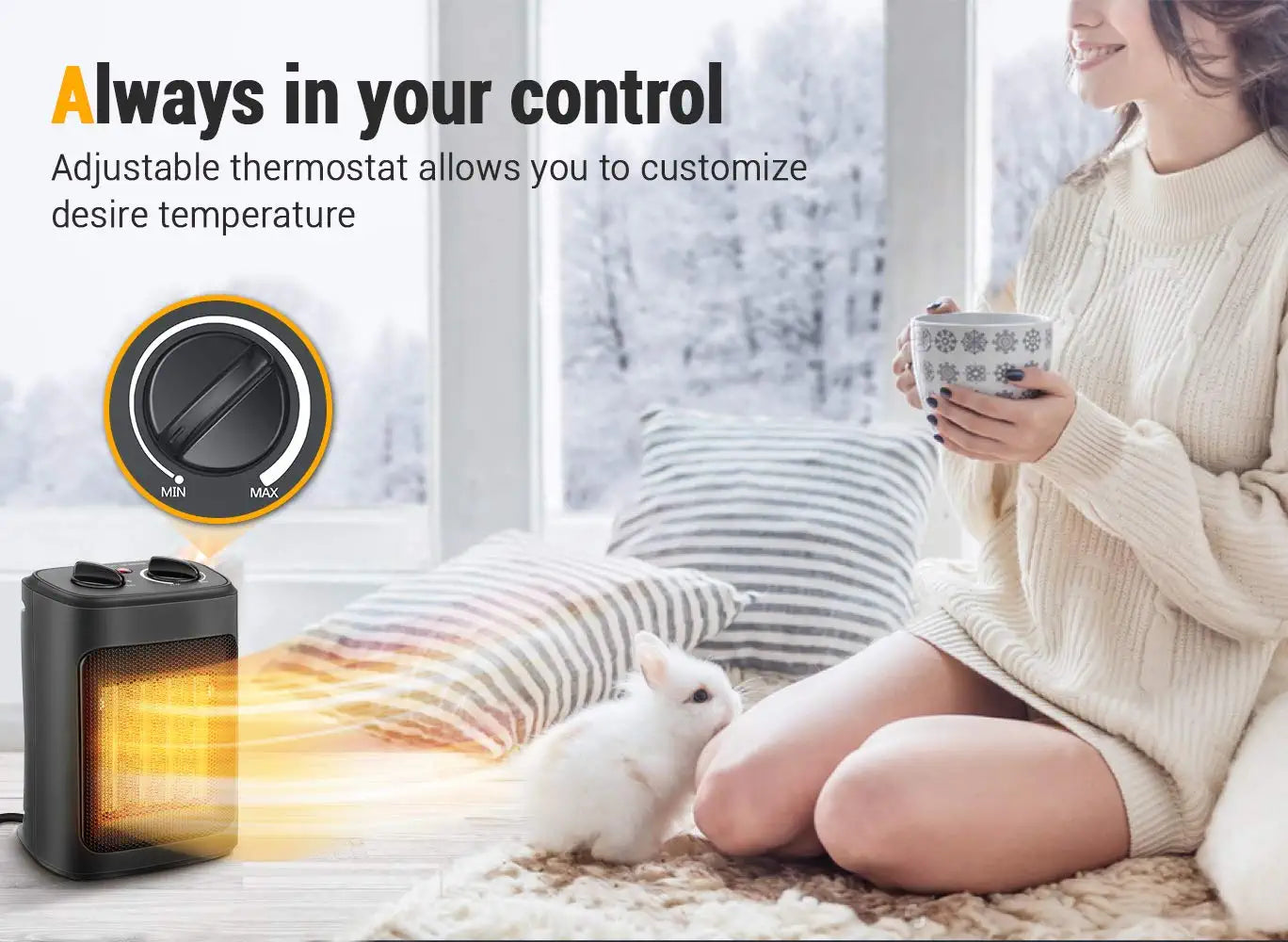 Space Heater, 1500W Electric Heaters Indoor Portable with Thermostat , PTC Fast Heating Ceramic Room Small Heater with Heating and Fan Modes for Bedroom, Office and Indoor Use