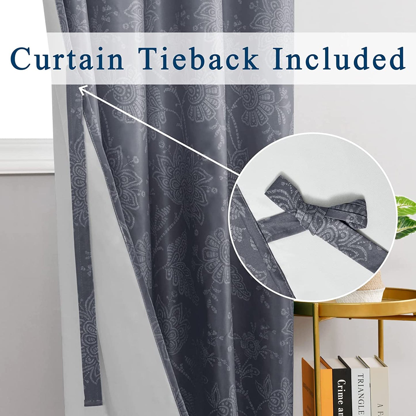 Grey Ombre Blackout Curtains with Tiebacks for Bedroom - Floral Patterned Noise Reducing Thermal Insulated Room Darkening Curtains for Living Room, 52 X 84 Inches, 2 Window Curtain Panels