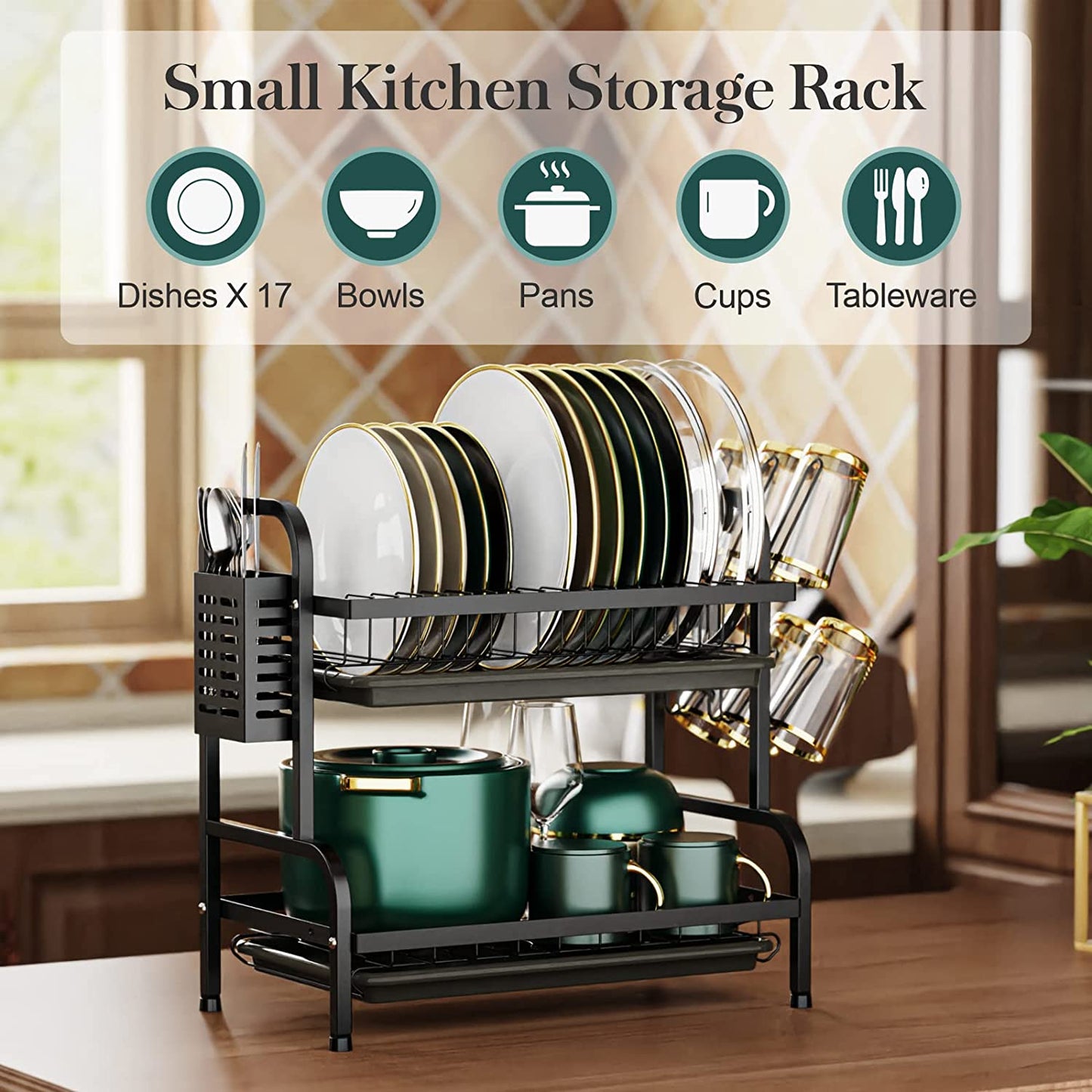Dish Drying Rack for Kitchen Counter 2 Tier Dish Rack with Cup Holder, Dish Drainer with Drainboard and Utensil Holder Large Capacity for Small Kitchen Countertop Saving Space