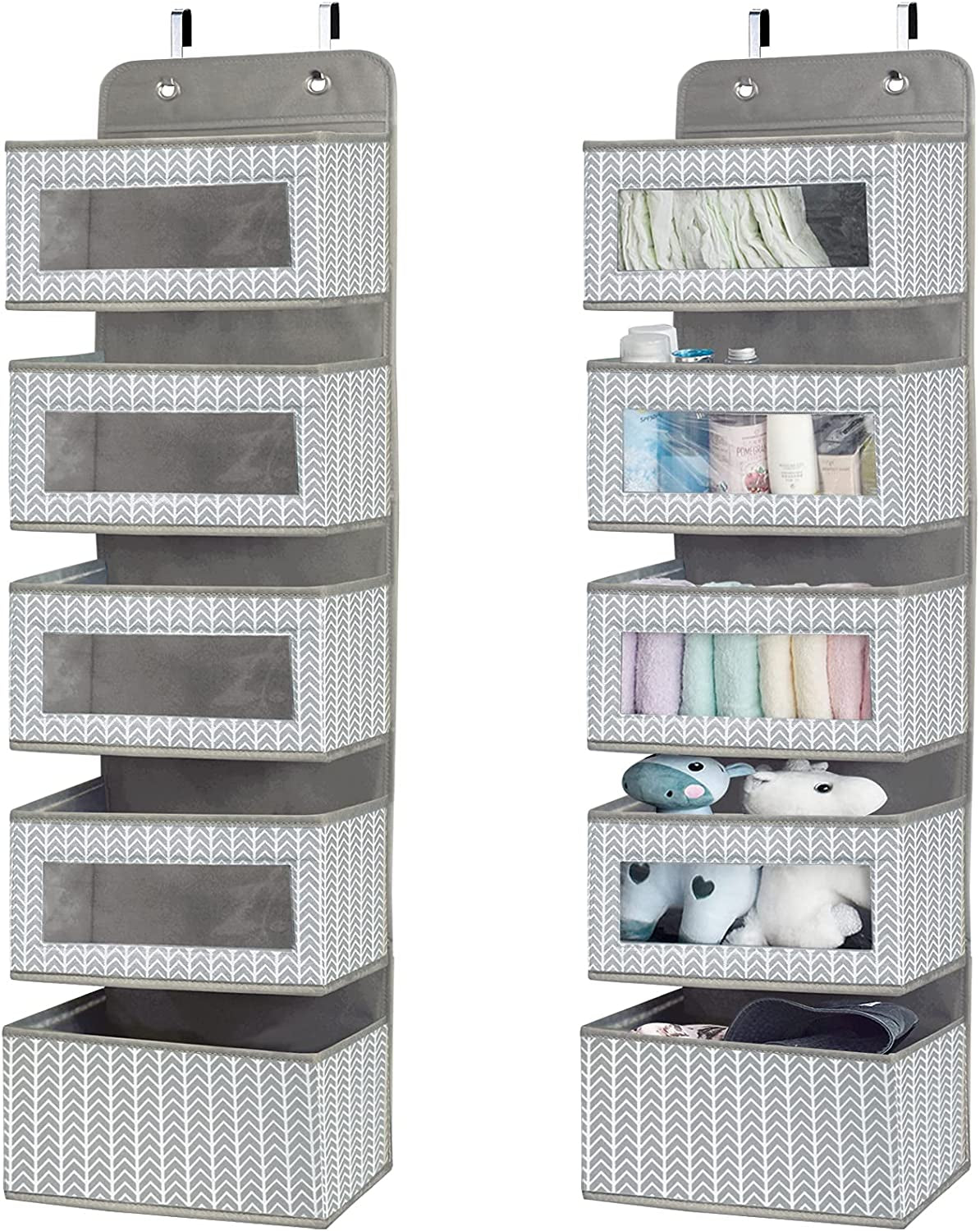 Over the Door Hanging Organizer with 5 Large Pockets - Wall Mount Pantry Storage with Clear PVC Window & 2 Big Metal Hooks for Closet,Bathroom,Nursery,Bedroom,Dorm,Baby Diapers,Kids Toys (Gray)