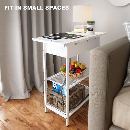 Sofa Side Table with USB Ports and Outlets, Narrow End Table with Storage Shelf for Small Spaces Bedside Nightstand with Charging Station for Living Room, Bedroom White