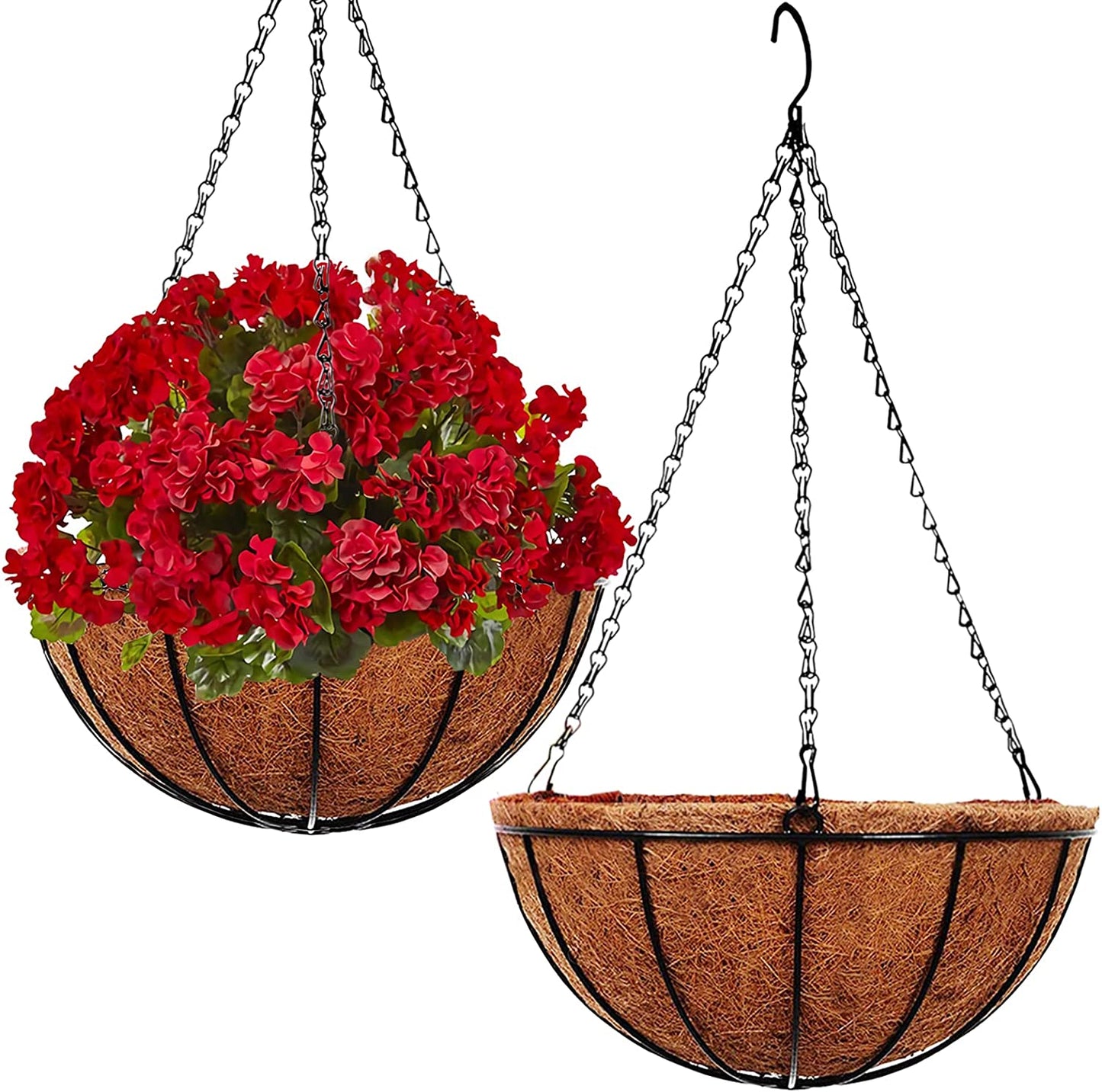 2 Pack Metal Hanging Planter Basket with Coco Coir Liner Chain round Wire Plant Holder Flower Pots Hanger Garden Decoration Porch Decor Watering Hanging Baskets Indoor Outdoor (12INCH)