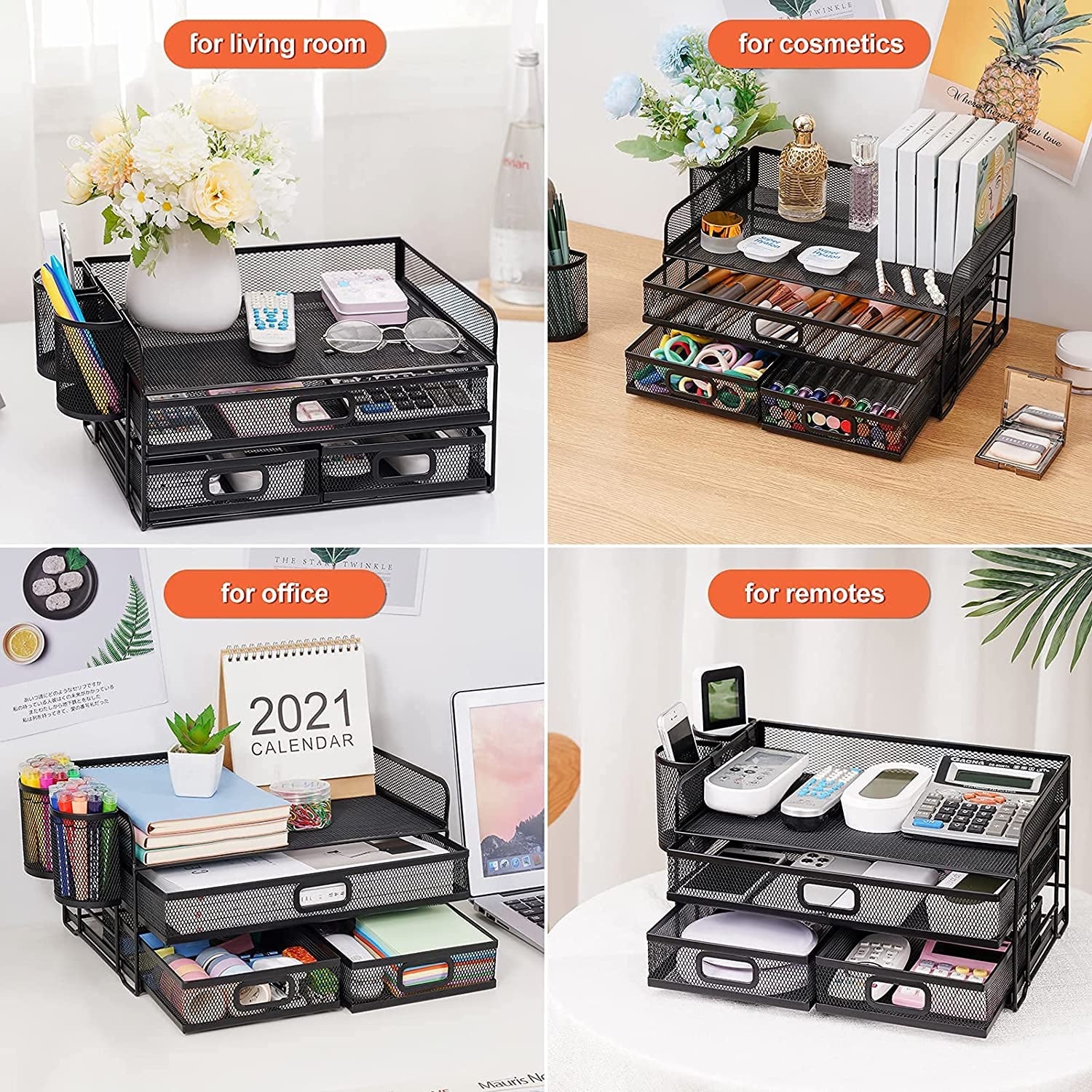 3 Tier Mesh Desk Organizer with Drawer, Multi-Functional Desk Organizers and Accessories, Paper Letter Organizer with 2 Pen Holder for Home Office Supplies - Black