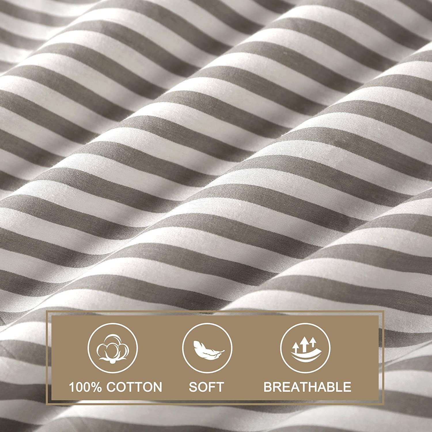 100% Natural Cotton 2Pcs Striped Duvet Cover Sets,White Duvet Cover with Grey Stripes Pattern Printed Comforter Cover,With Zipper Closure & Corner Ties(Twin Size)