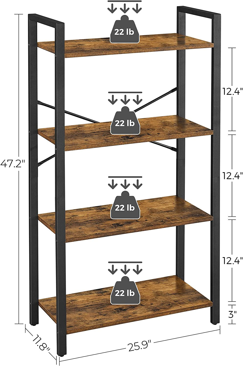 Bookshelf, 4-Tier Shelving Unit, Bookcase, Book Shelf, 11.8 X 25.9 X 47.2 Inches, Rustic Brown + Black
