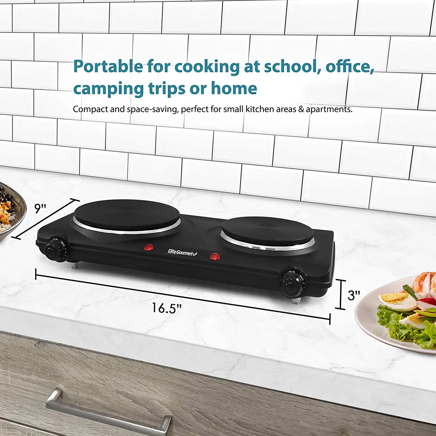 EDB-302BF Countertop Double Cast Iron Burner, 1500 Watts Electric Hot Plate, Temperature Controls, Power Indicator Lights, Easy to Clean, Black