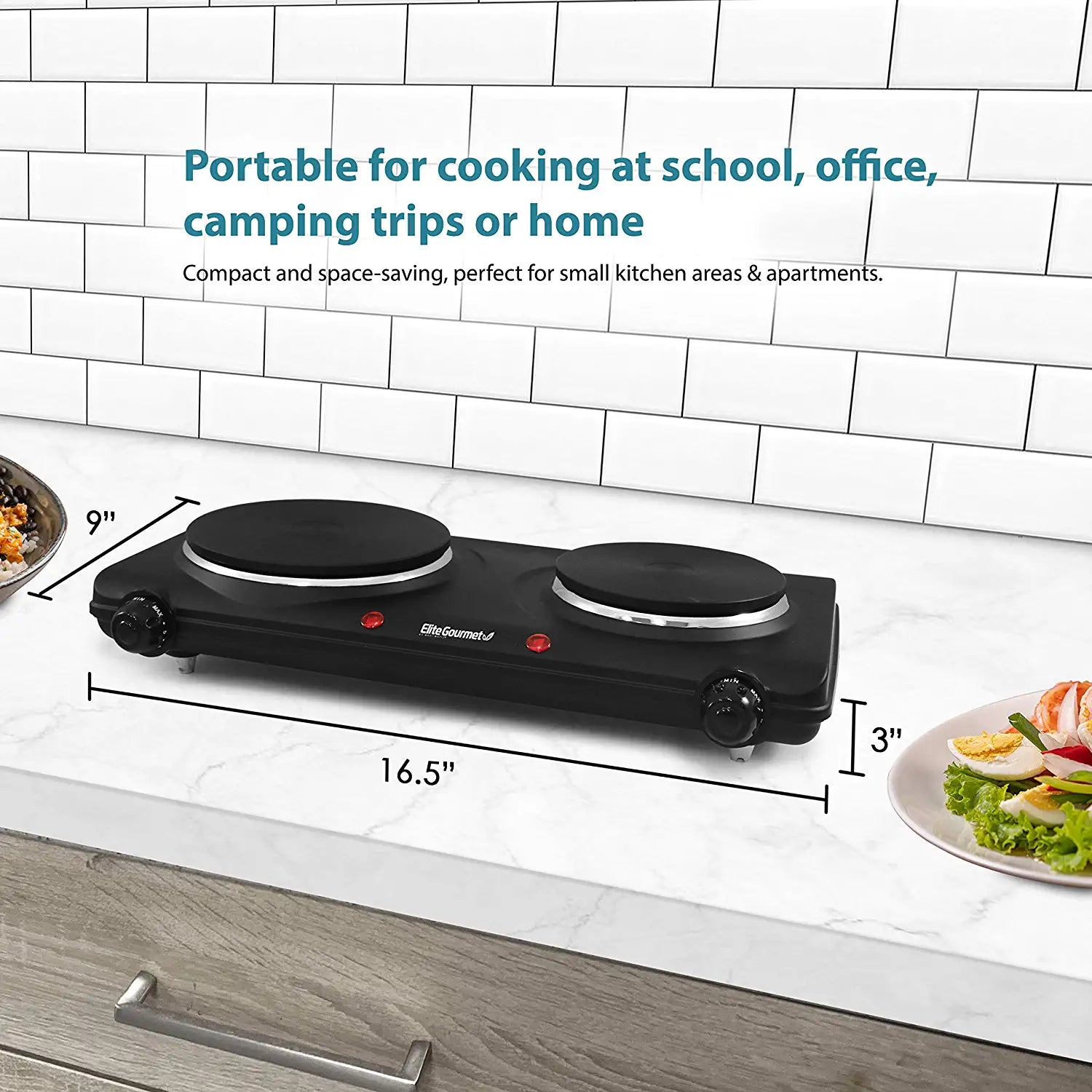 EDB-302BF Countertop Double Cast Iron Burner, 1500 Watts Electric Hot Plate, Temperature Controls, Power Indicator Lights, Easy to Clean, Black