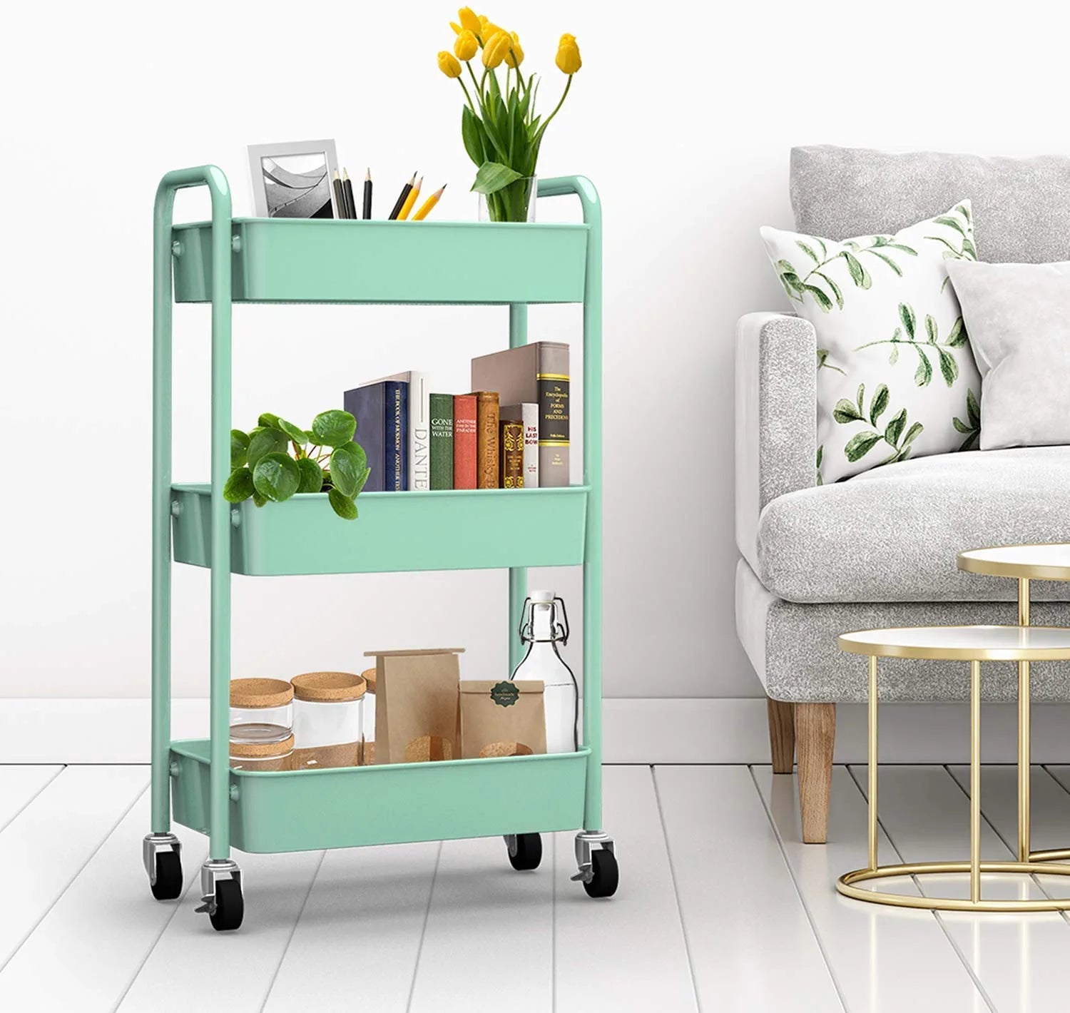 3-Tier Rolling Metal Storage Organizer - Mobile Utility Cart, Kitchen Cart with Caster Wheels (Aqua Green)