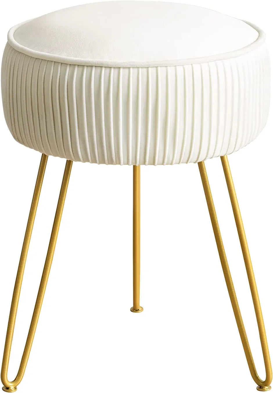 Mid Century Modern Velvet Upholstered Pleated round Footrest Stool Ottoman with Metal Legs, Home Multifunctional Luxury Ottoman Suitable for Living Room and Bedroom