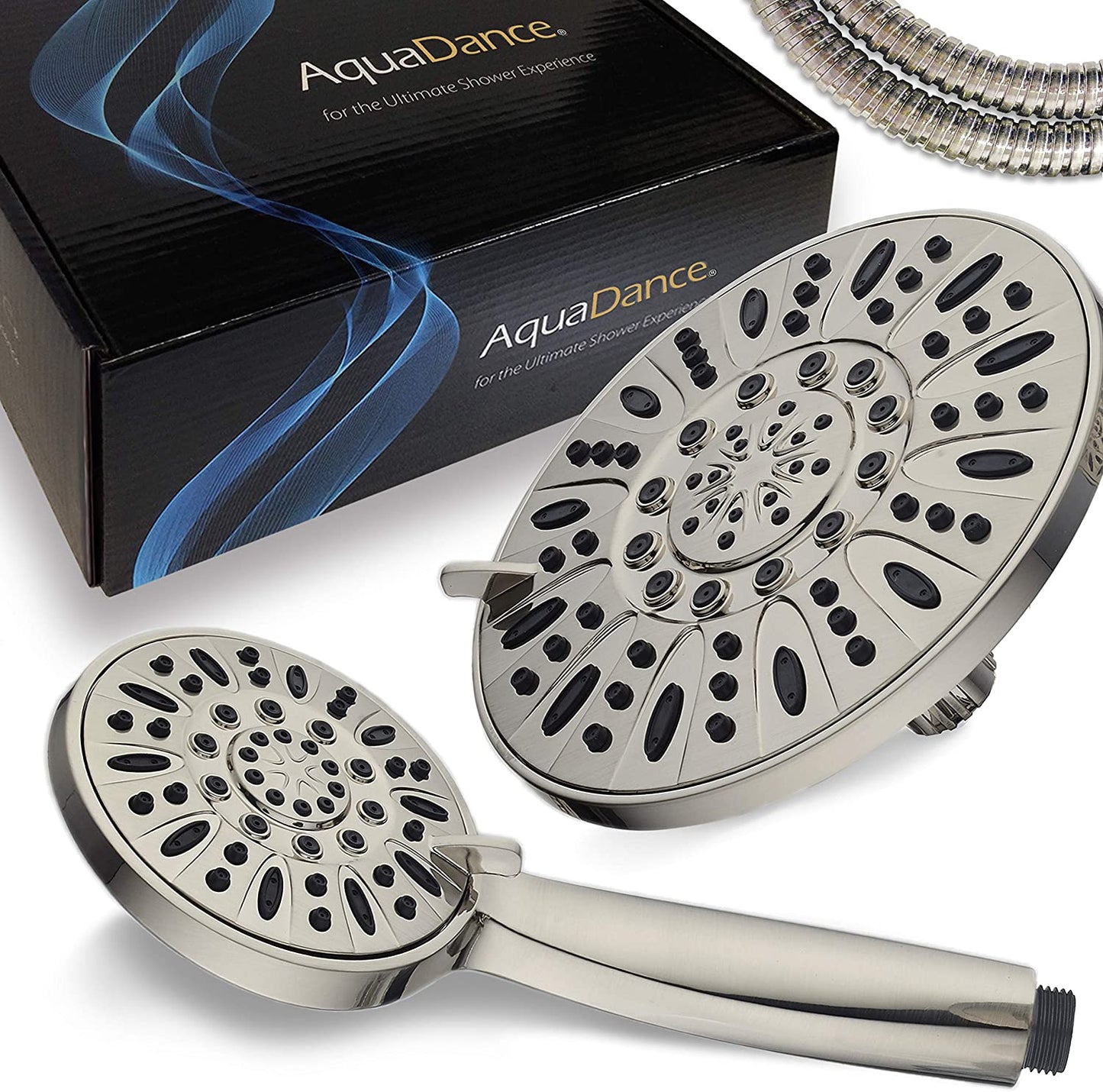 Aquadance 7" Premium High Pressure 3-Way Rainfall Combo with Stainless Steel Hose – Enjoy Luxurious 6-Setting Rain Shower Head and Hand Held Shower Separately or Together – Brushed Nickel Finish