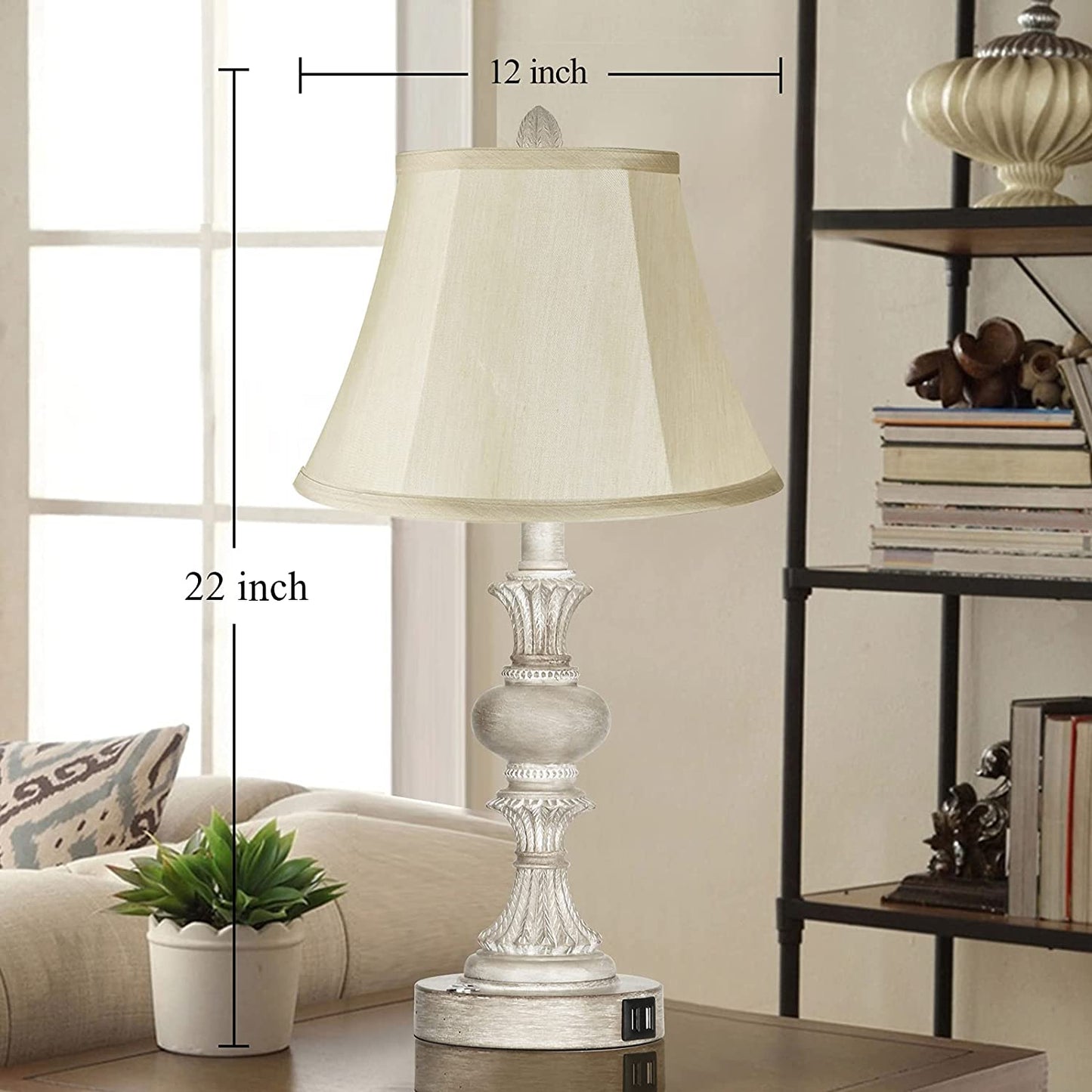 Touch Control Table Lamp Set of 2, 3-Way Dimmable Bedside Nightstand Lamp with 2 USB Charging Ports, Rustic Farmhouse Desk Lamp with Faux Silk Shade for Living Room, Bedroom - Washed White