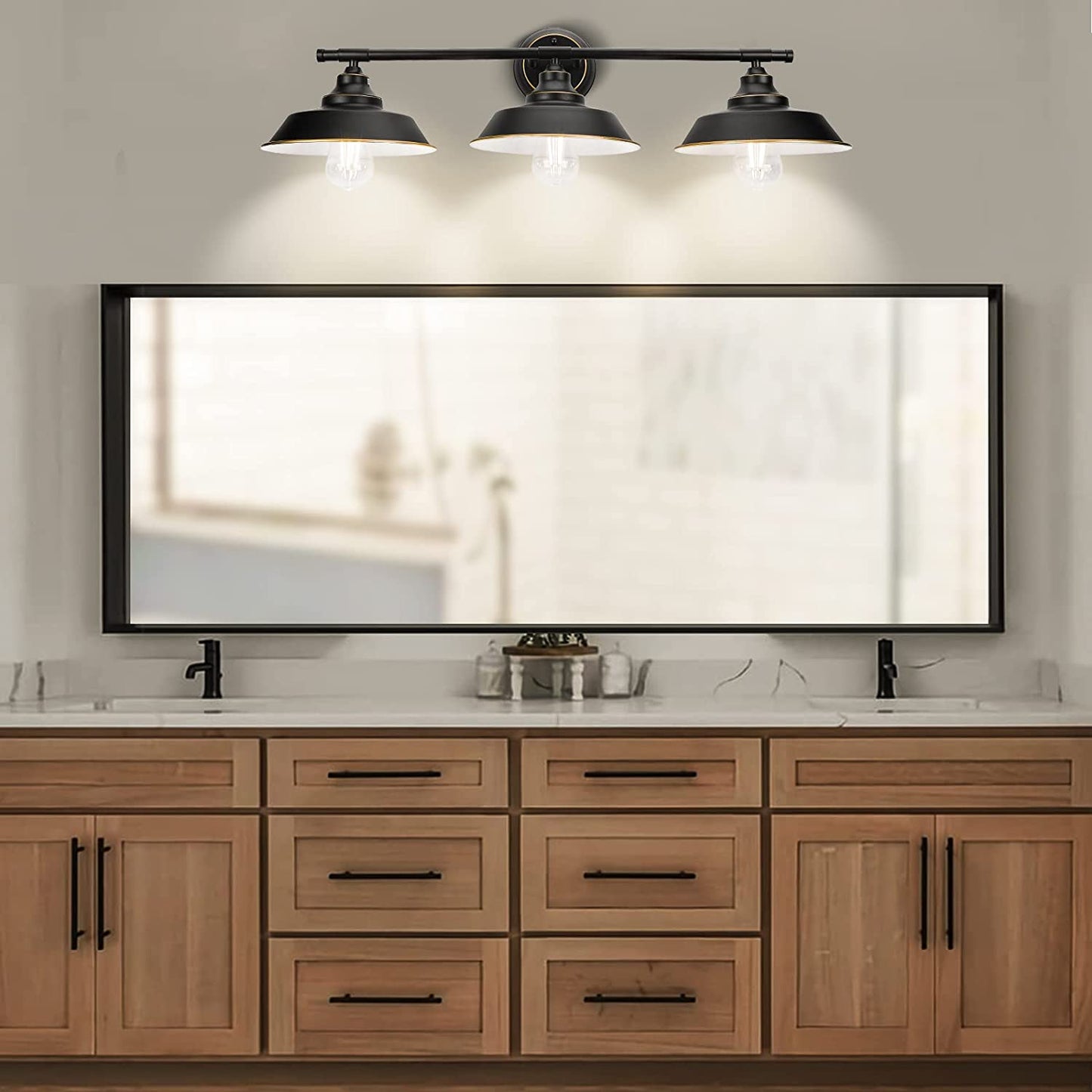 Farmhouse Rustic Style Vintage 3-Lights Vanity Wall Sconce Lighting,  E26 Base Metal Matte Black Industrial Bathroom Wall Light Fixture for Bathroom Vanity Mirror Cabinets Dressing Table