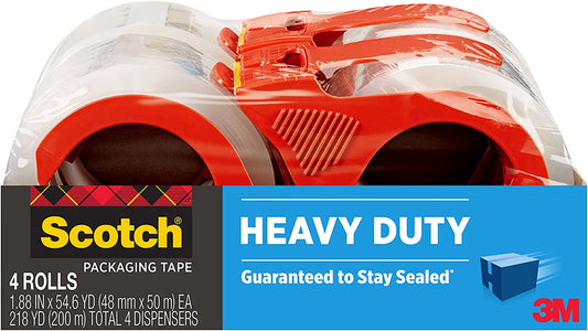 Heavy Duty Packaging Tape, 1.88" X 54.6 Yd, Designed for Packing, Shipping and Mailing, Strong Seal on All Box Types, 3" Core, Clear, 4 Rolls (3850-4RD)