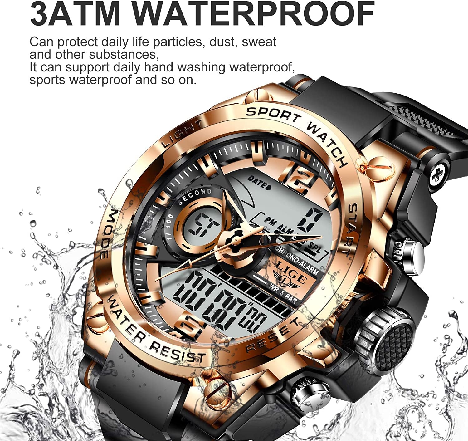Men'S Digital Outdoor Sports Watch,Military Large Face Dial 50M Waterproof Electronic Multi Function Wrist Watches for Men Tactics LED Alarm Stopwatch
